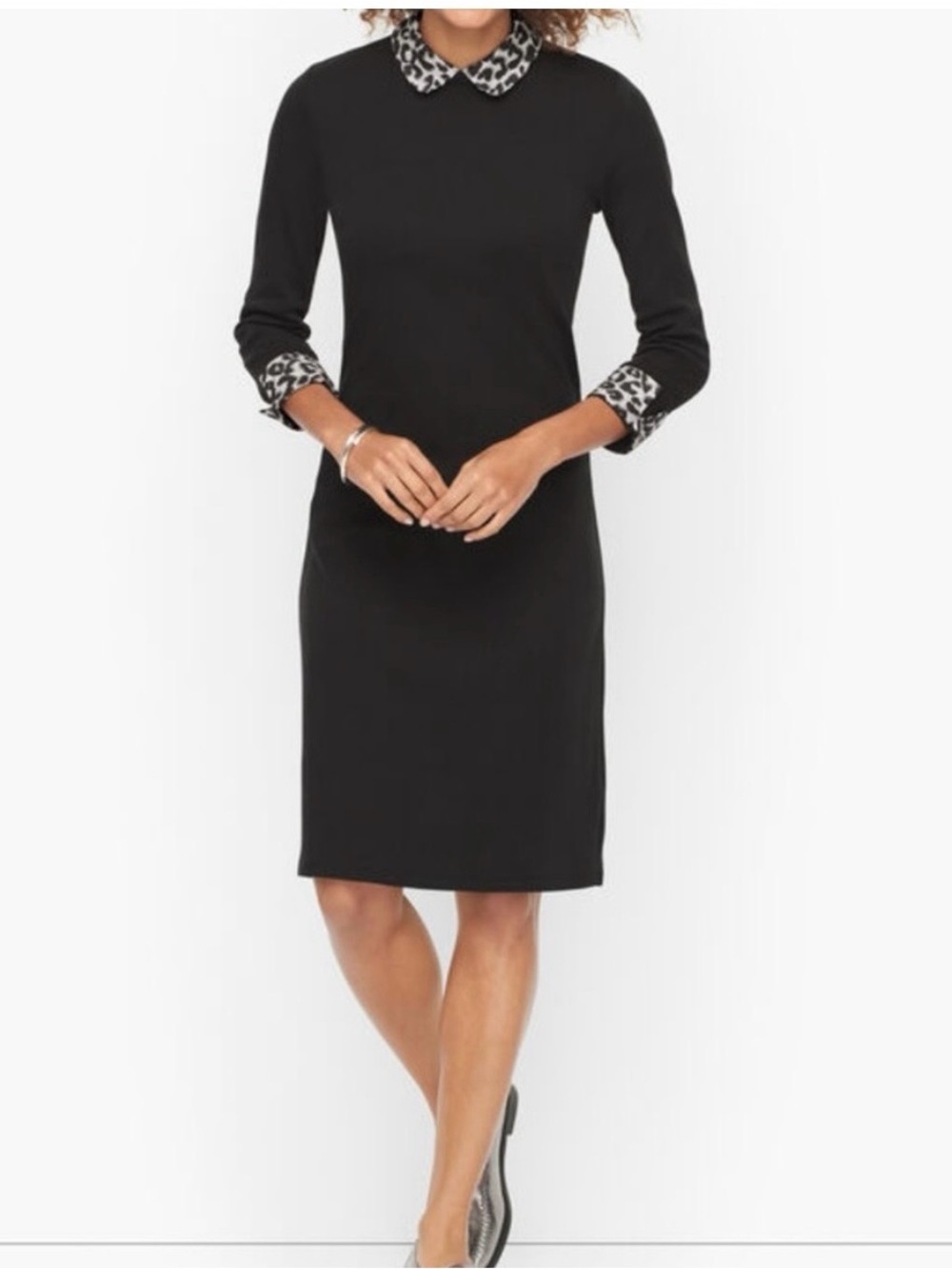 Talbots Black Shift Dress with Removable Animal Print Collar; Size L